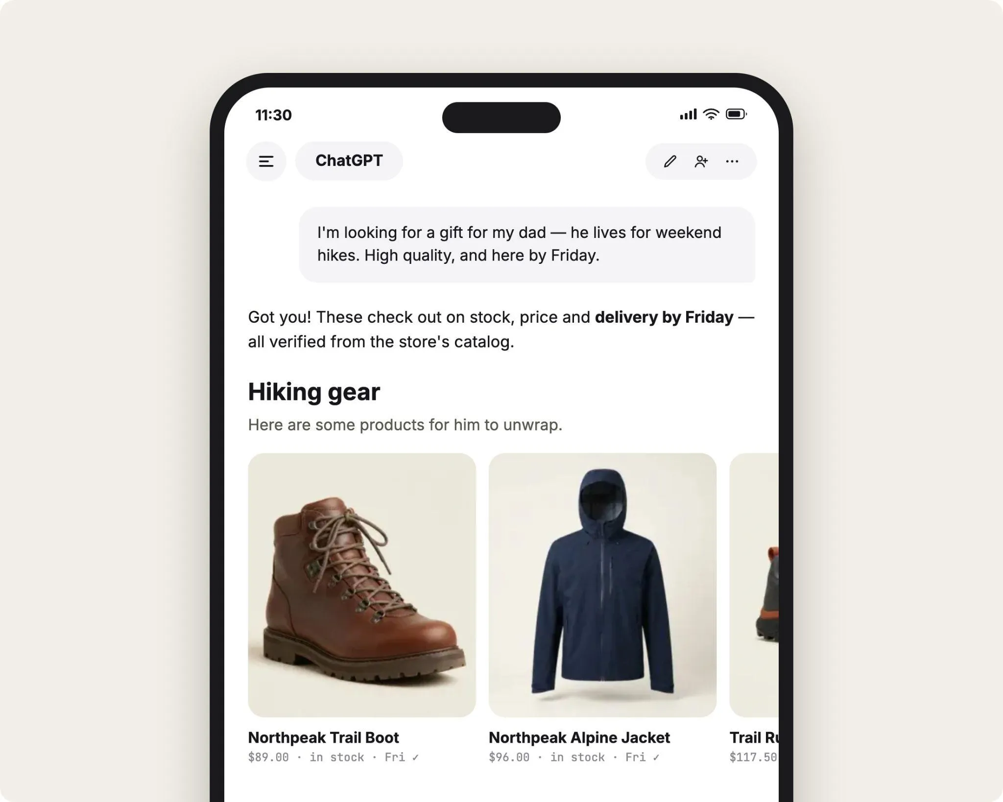ChatGPT on a phone suggesting hiking gear for a gift that must arrive by Friday, with products such as the Northpeak Trail Boot and Northpeak Alpine Jacket shown with price, stock and delivery