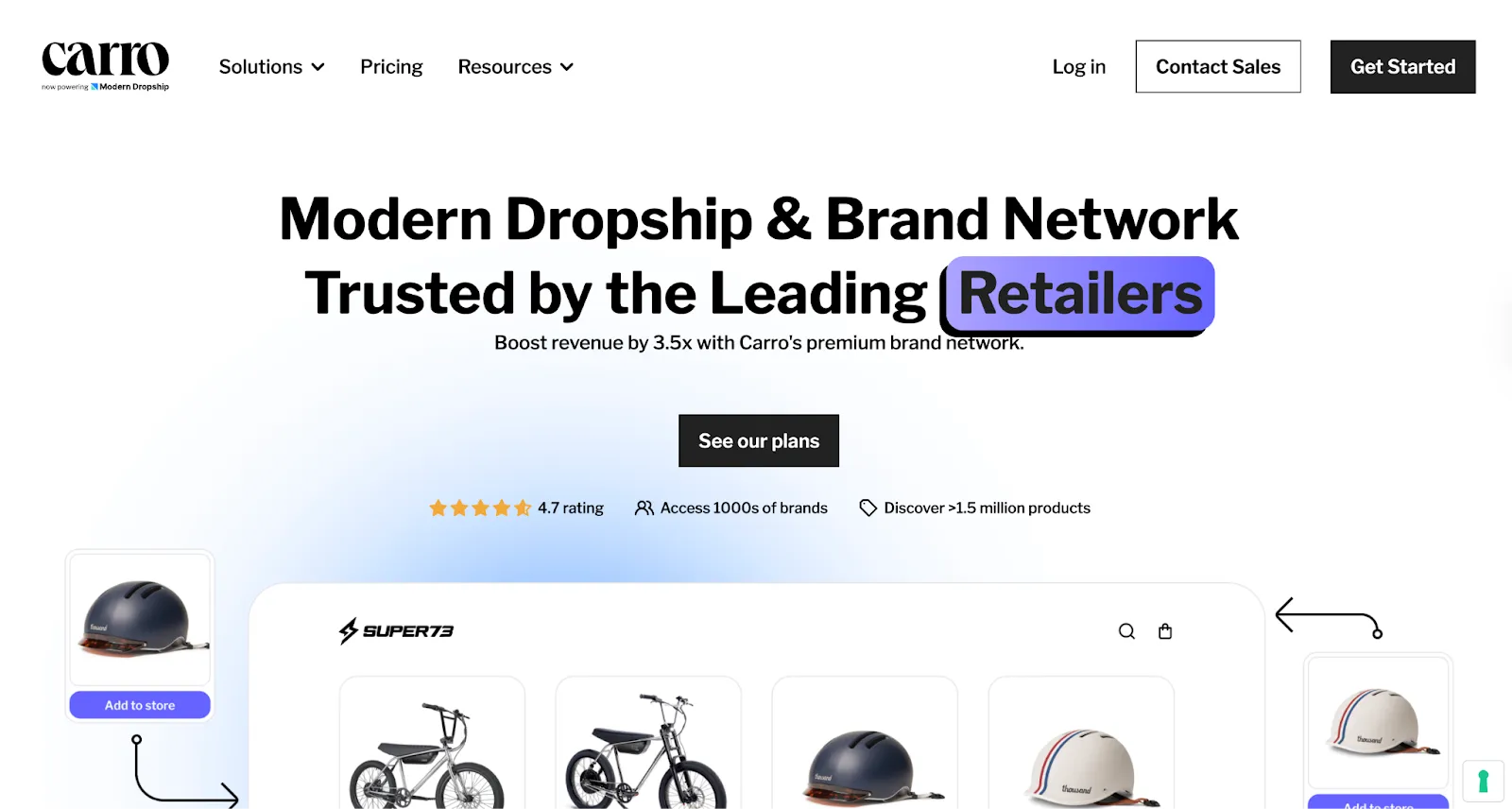Carro homepage with a Super73 store demo showing bikes and helmets with Add to store buttons