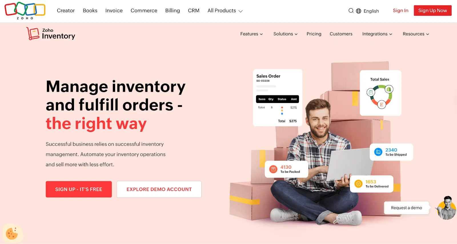 Zoho Inventory homepage with sales order, to-be-packed, shipped, and delivered counts