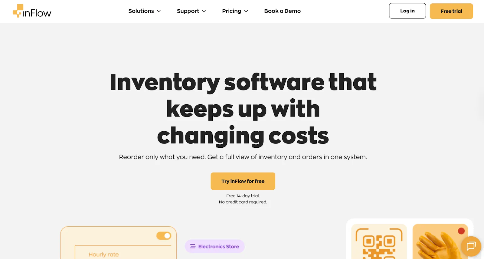inFlow homepage headline, inventory software that keeps up with changing costs, with a free trial button