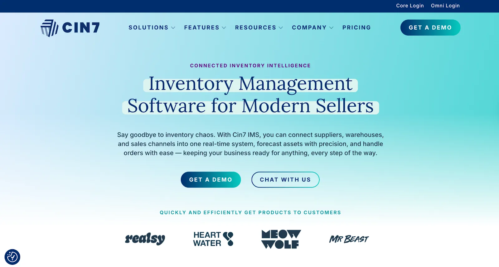 Cin7 homepage offering inventory management software for modern sellers, above customer logos