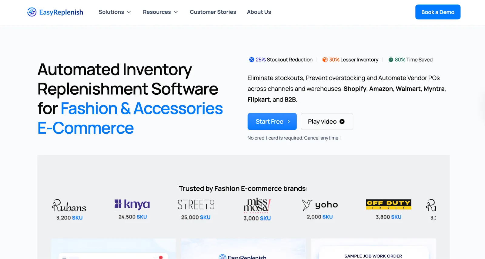 EasyReplenish homepage for fashion inventory replenishment, with supported channels and brand SKU counts