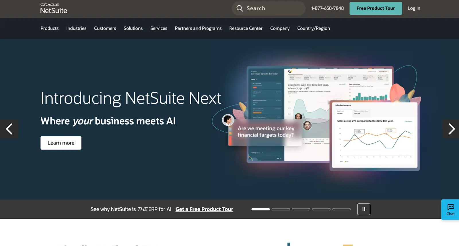 NetSuite homepage introducing NetSuite Next, beside sales performance dashboard charts