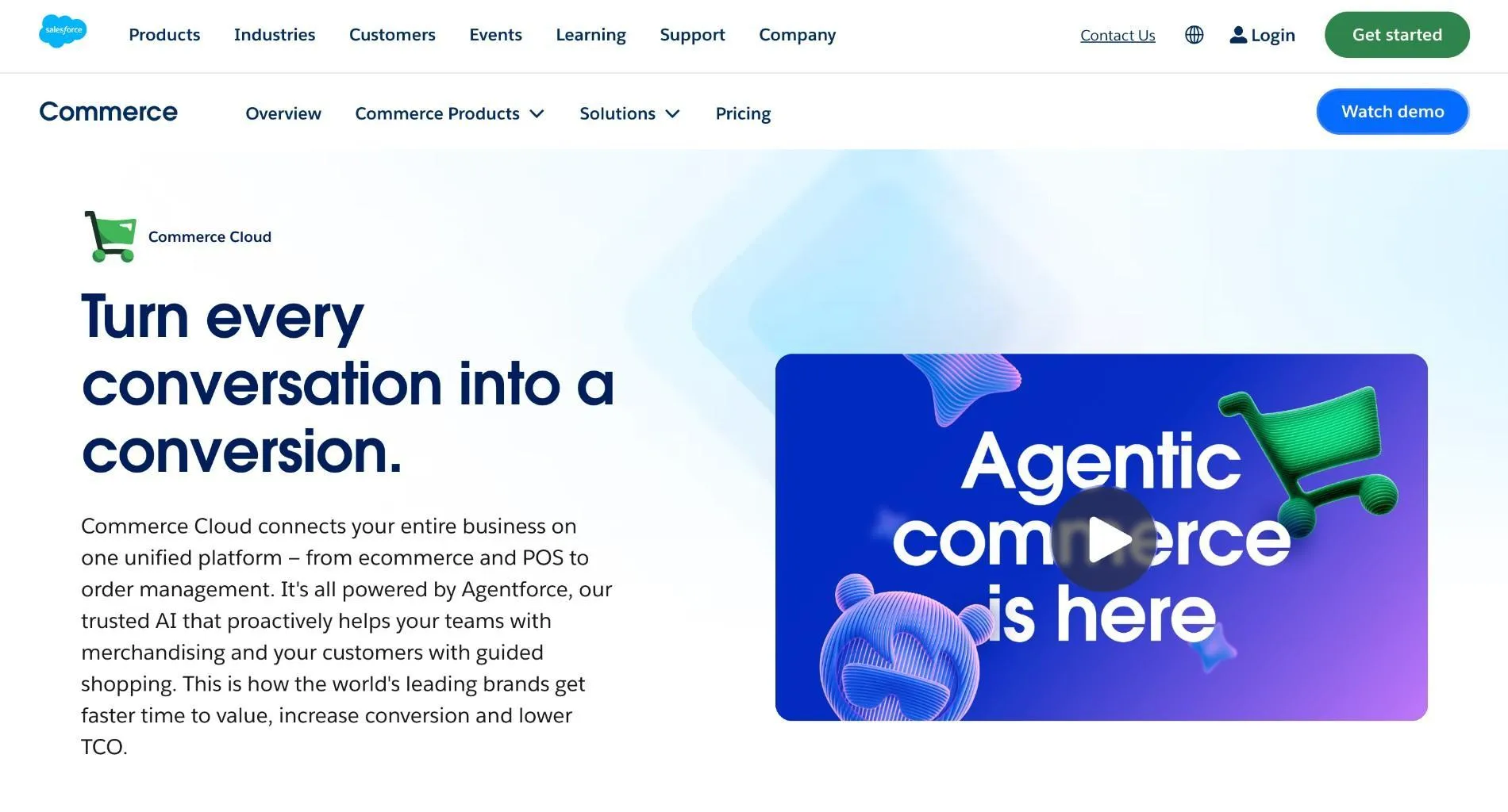 Salesforce Commerce Cloud page with the headline "Turn every conversation into a conversion." beside a video titled "Agentic commerce is here".