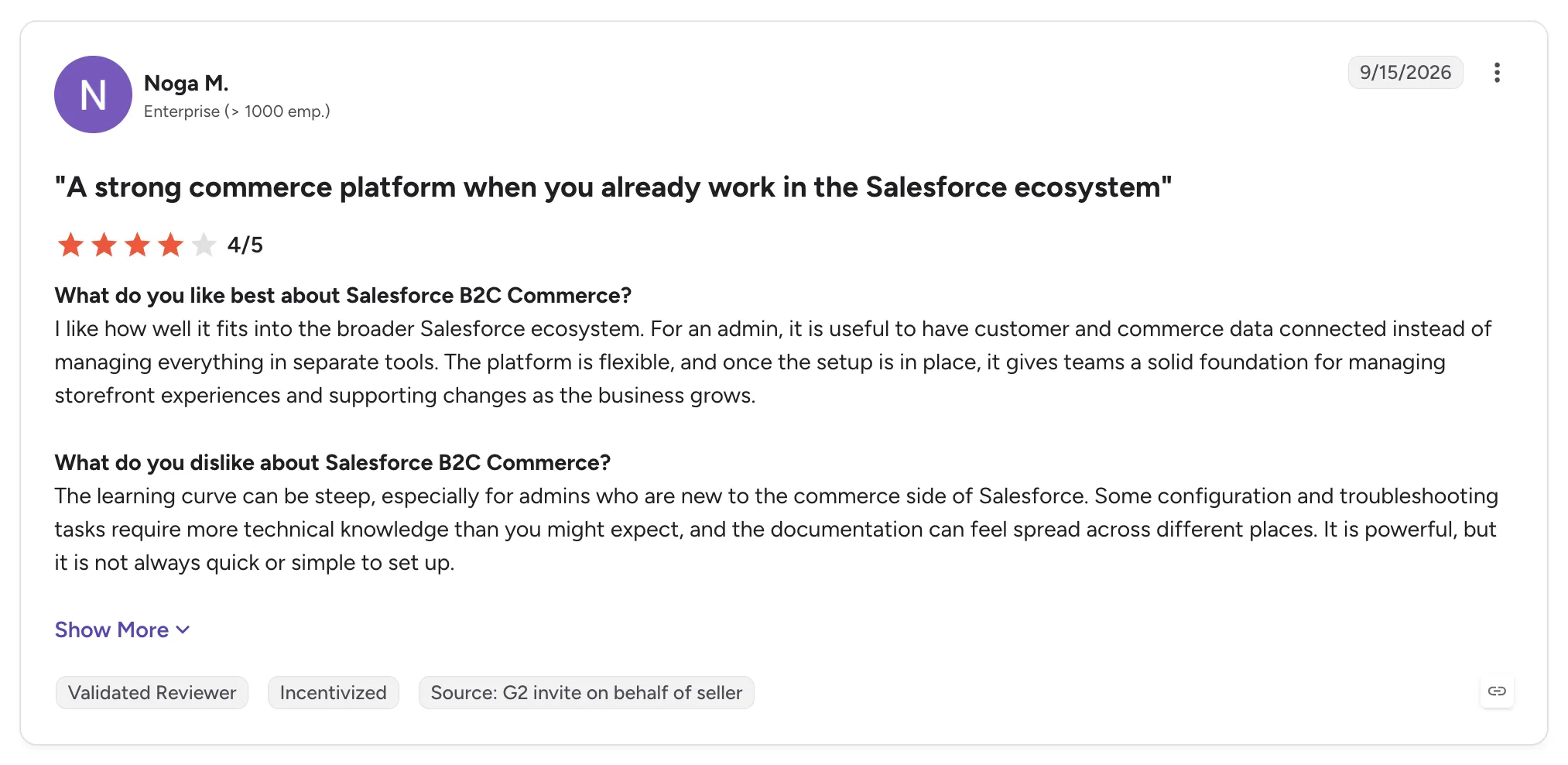 Customer review of Salesforce B2C Commerce on G2 rated 4/5, praising its fit with the Salesforce ecosystem but noting a steep learning curve.