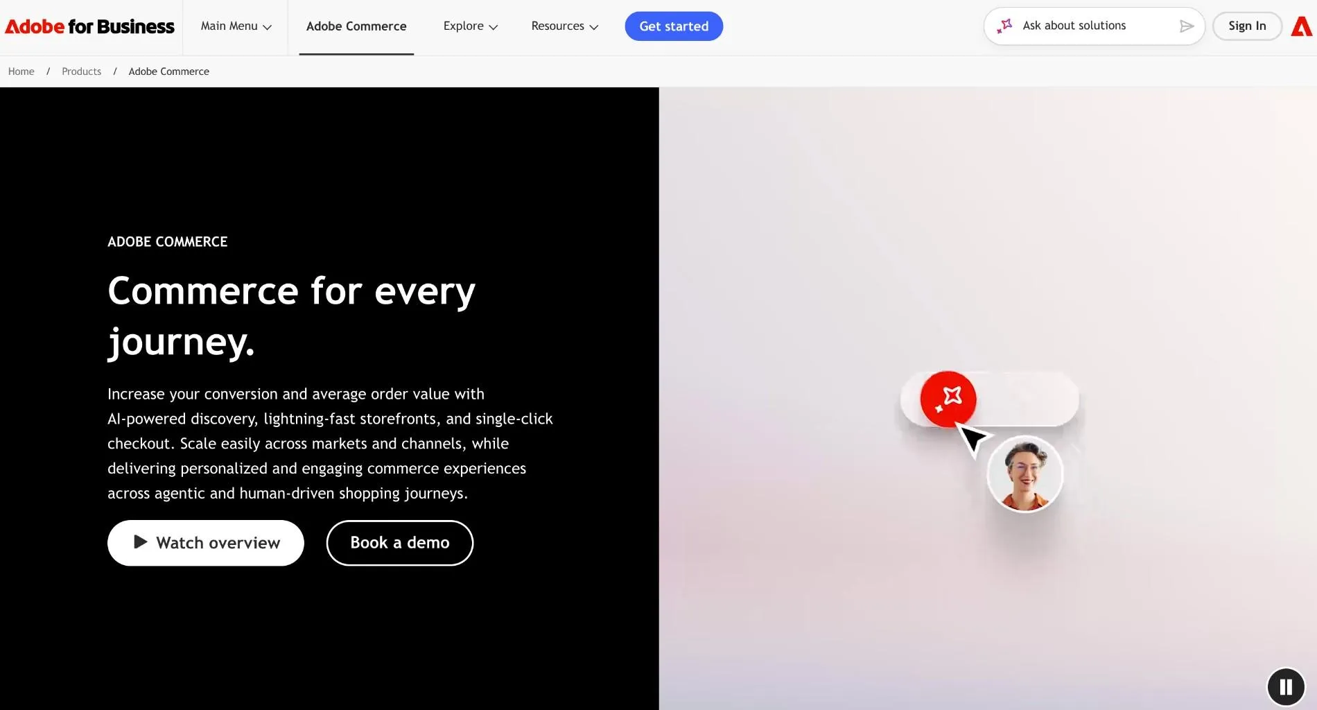 Adobe Commerce page with the headline "Commerce for every journey.", copy about AI-powered discovery, and Watch overview and Book a demo buttons.