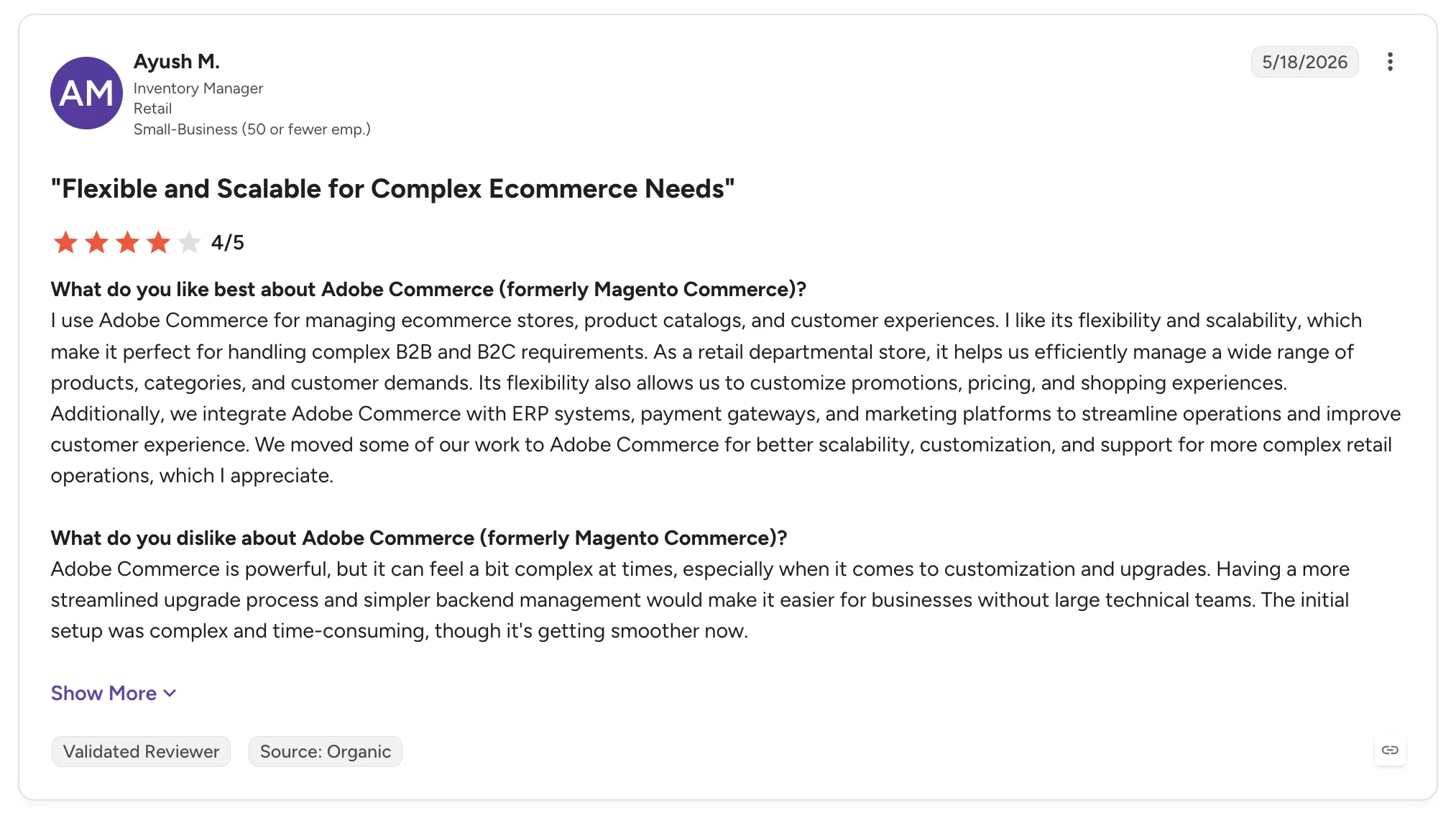 Customer review of Adobe Commerce rated 4/5 titled "Flexible and Scalable for Complex Ecommerce Needs", noting that customization and upgrades can feel complex.
