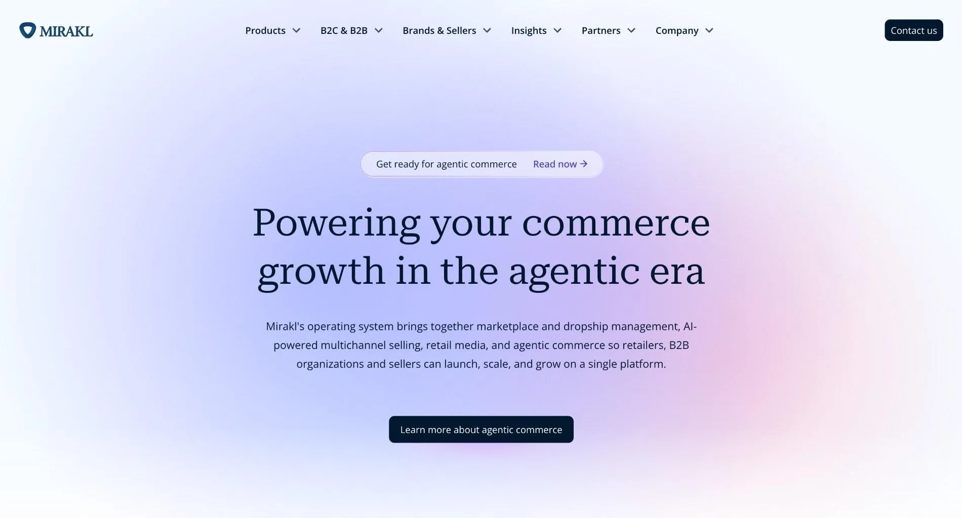 Mirakl homepage with the headline "Powering your commerce growth in the agentic era" and a Learn more about agentic commerce button.