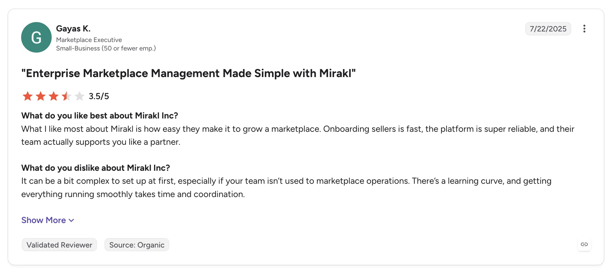 Customer review of Mirakl rated 3.5/5 titled "Enterprise Marketplace Management Made Simple with Mirakl", praising fast seller onboarding but noting a complex setup.