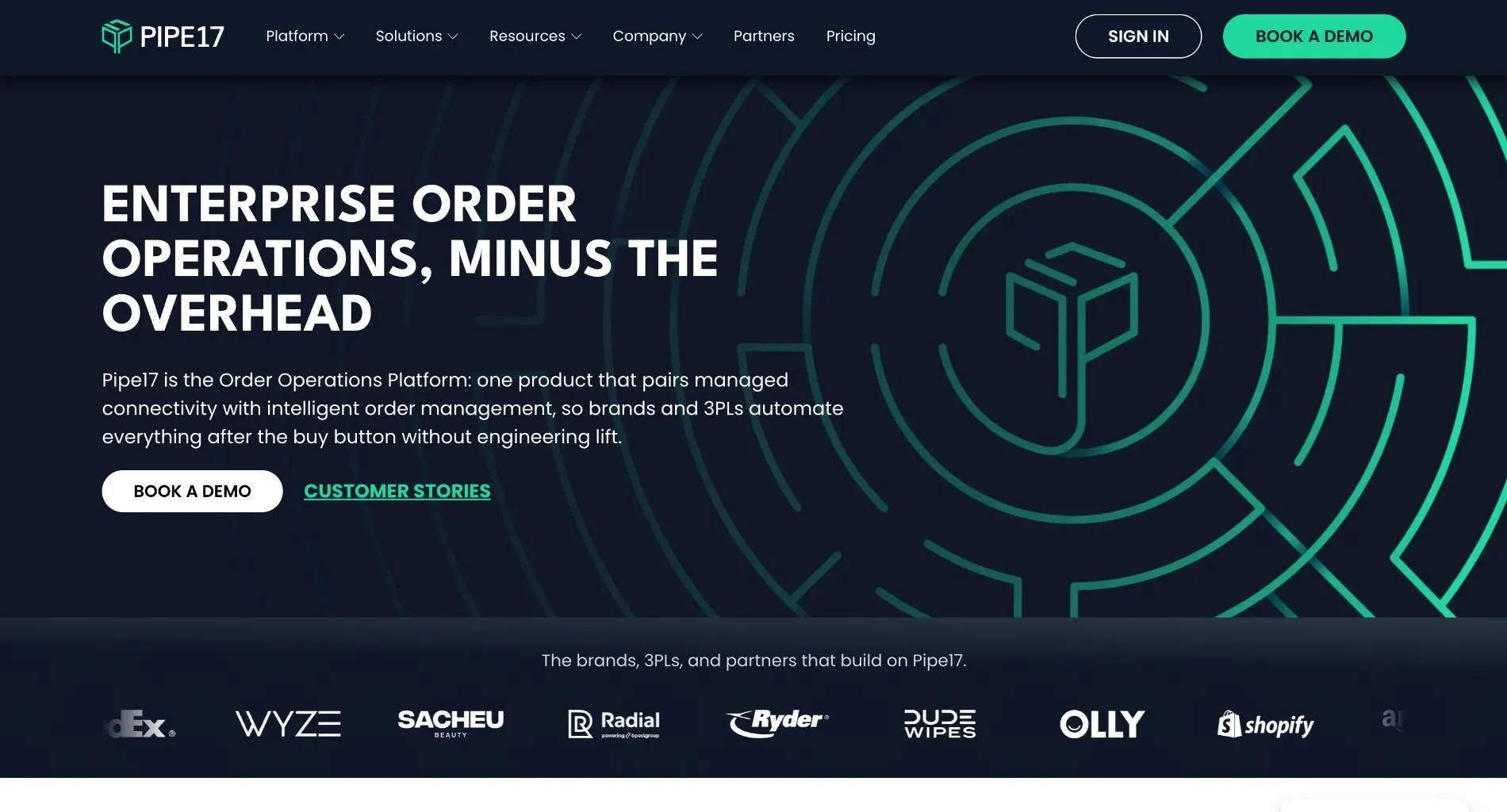 Pipe17 homepage with the headline "Enterprise order operations, minus the overhead", a Book a demo button, and a row of customer logos.