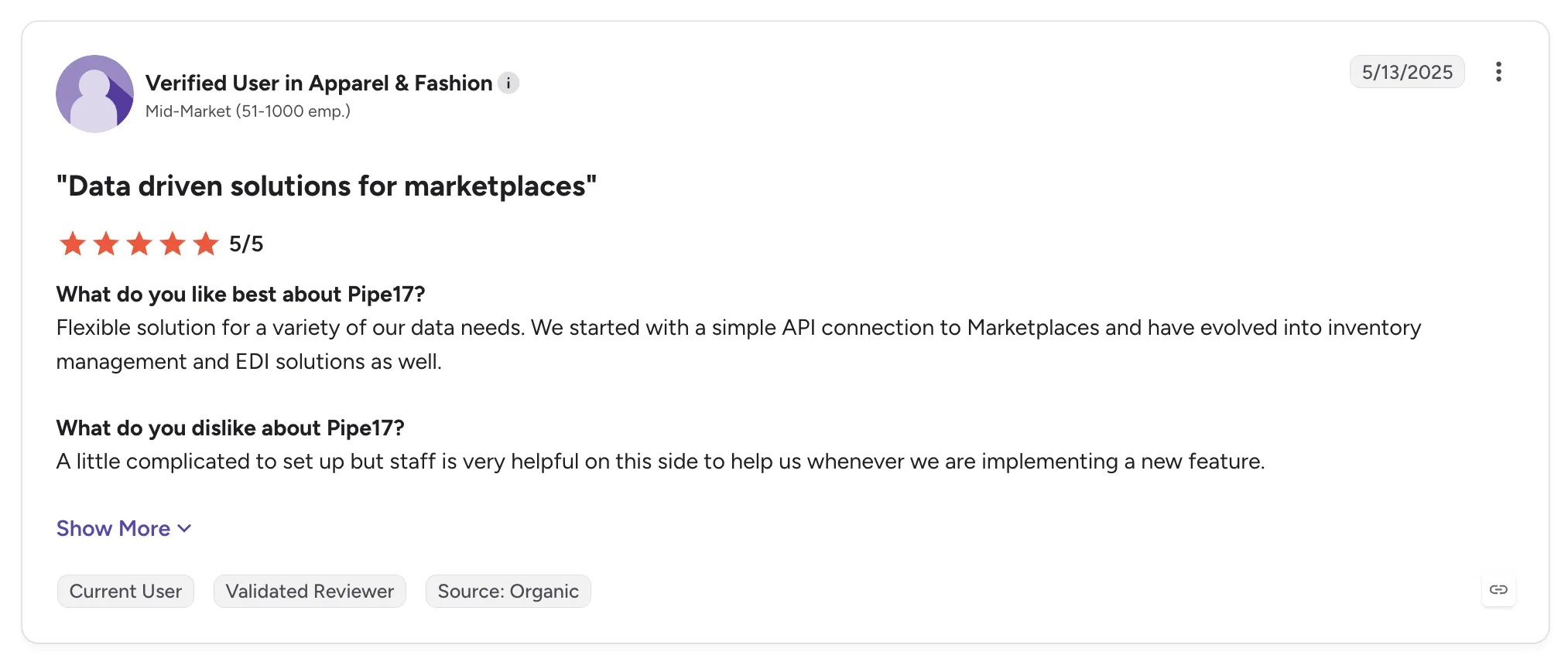Customer review of Pipe17 rated 5/5 titled "Data driven solutions for marketplaces", praising its flexibility for API, inventory, and EDI needs.