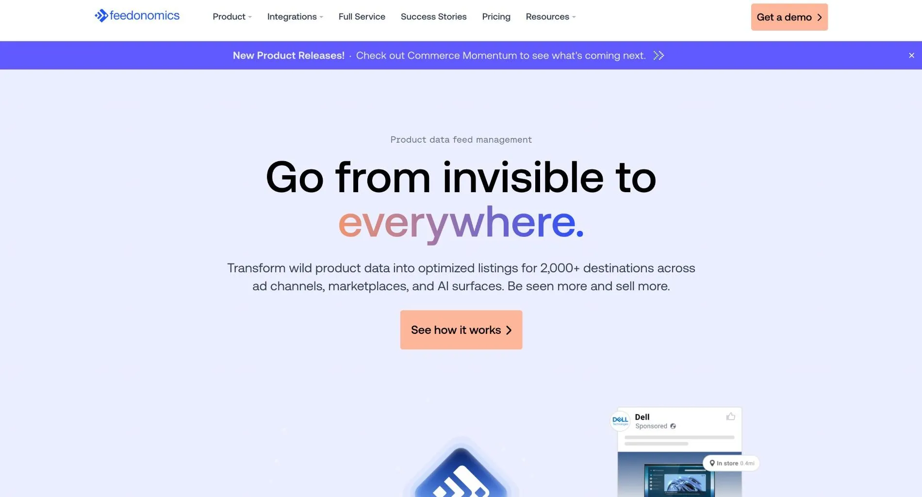 Feedonomics homepage with the headline "Go from invisible to everywhere.", copy about listings for 2,000+ destinations, and a See how it works button.