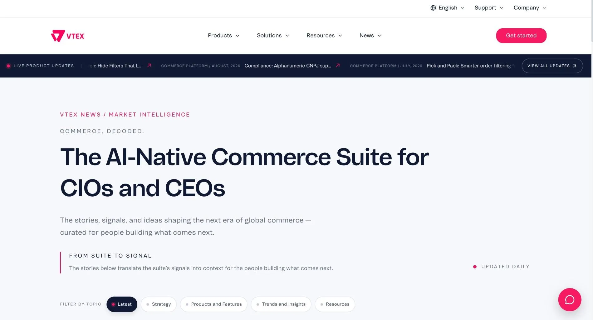 VTEX news page with the headline "The AI-Native Commerce Suite for CIOs and CEOs", a live product updates bar, and topic filter buttons.