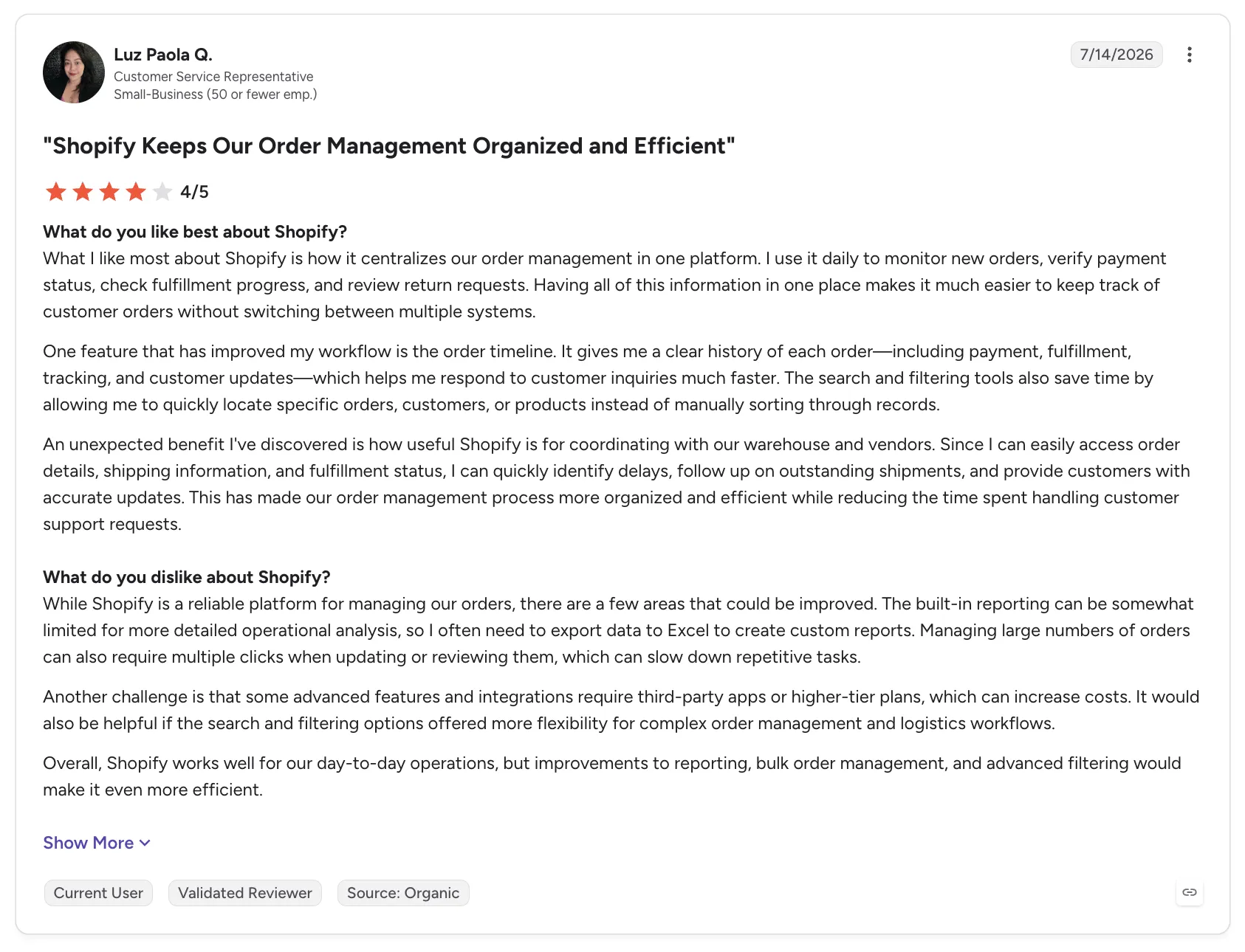 Customer review of Shopify rated 4/5 titled "Shopify Keeps Our Order Management Organized and Efficient", praising centralized orders but noting limited reporting.