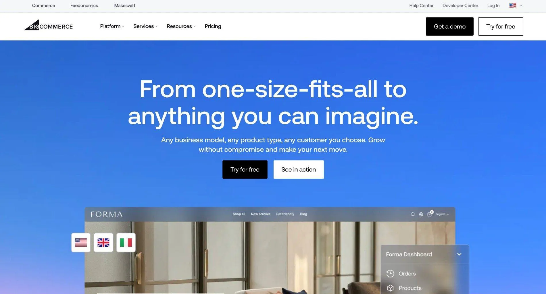 BigCommerce homepage with the headline "From one-size-fits-all to anything you can imagine.", Try for free and See in action buttons, and a sample storefront.