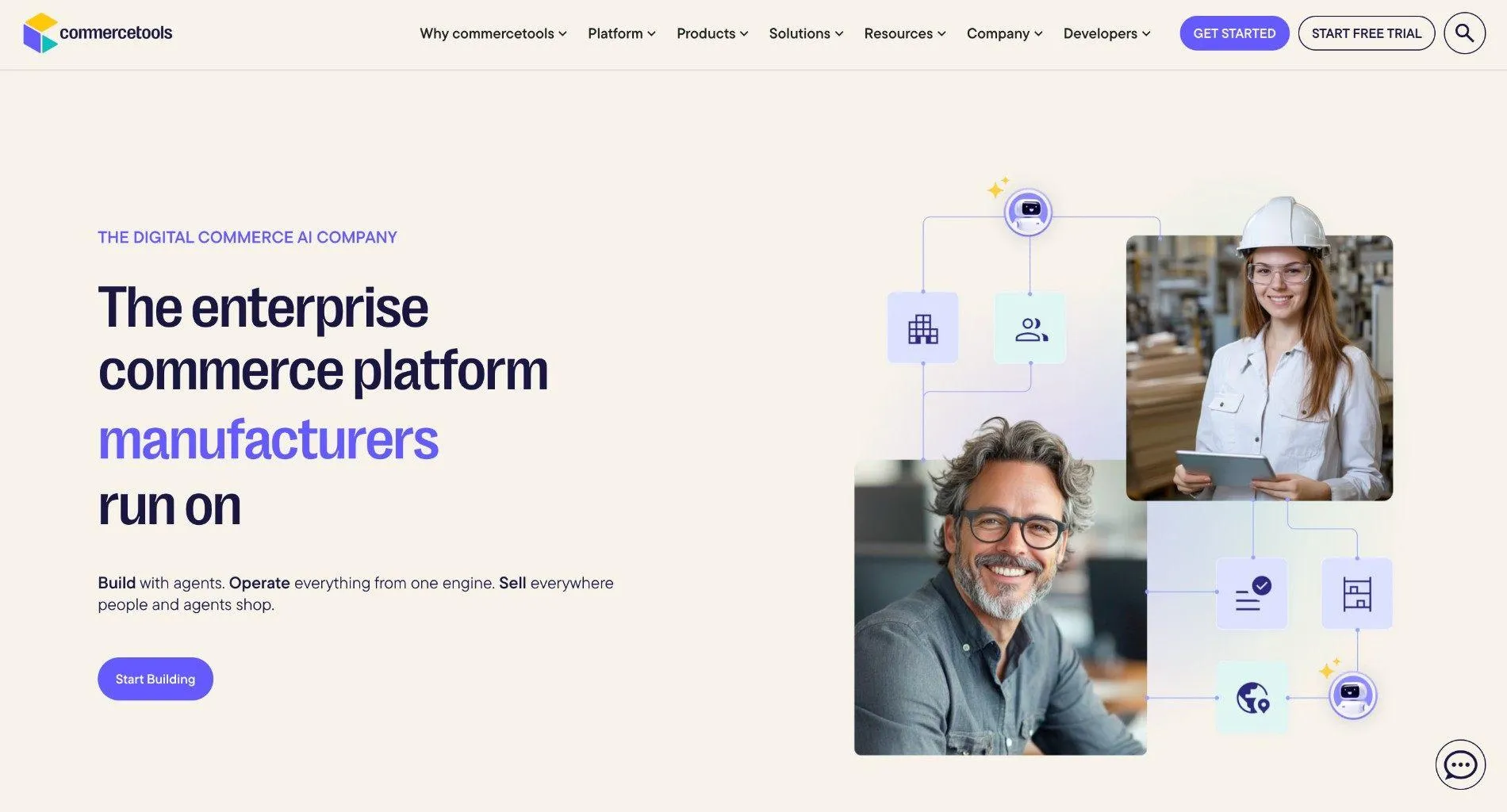 commercetools homepage with the headline "The enterprise commerce platform manufacturers run on", a Start Building button, and photos of two smiling workers.