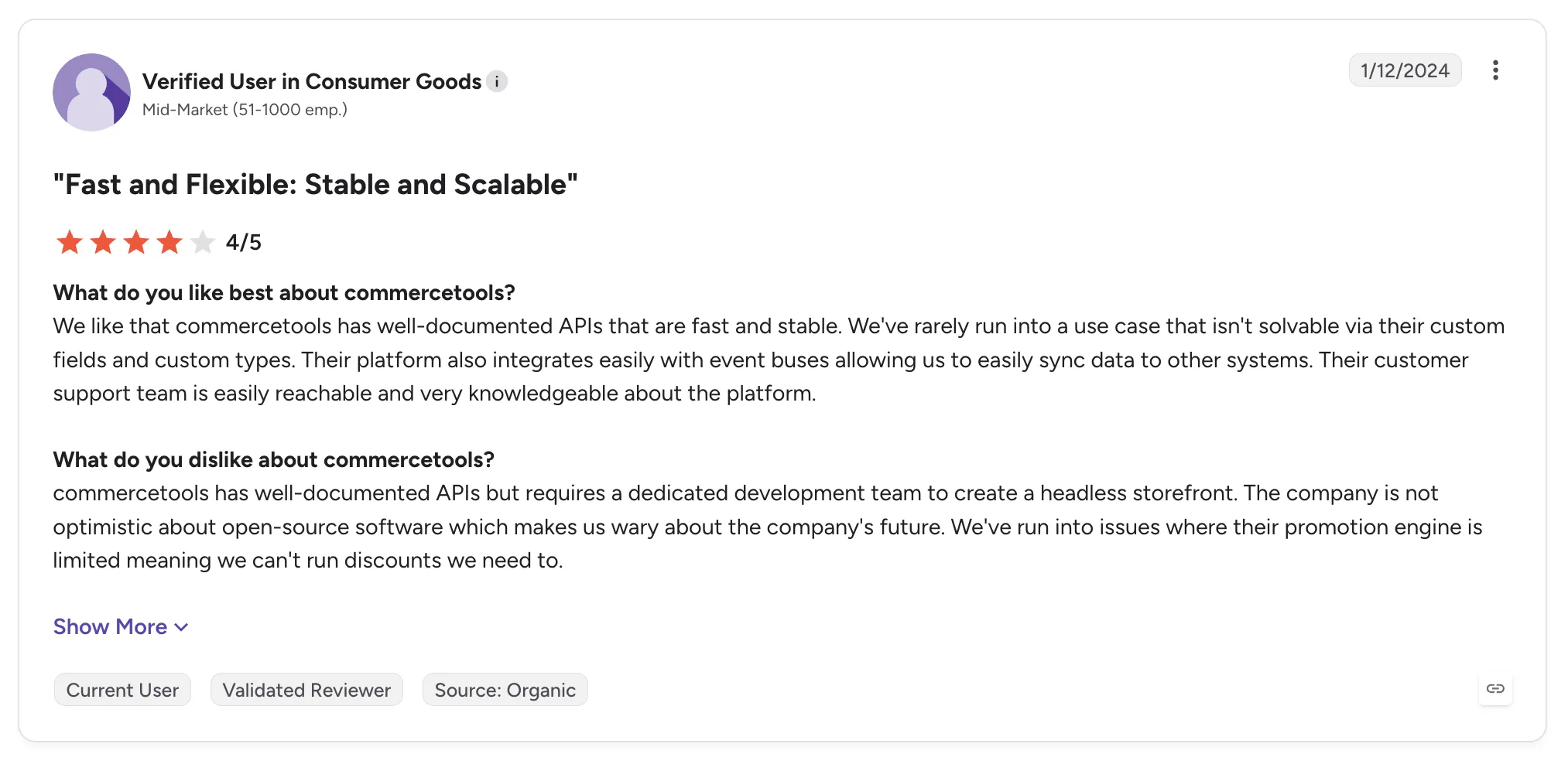 Customer review of commercetools rated 4/5 titled "Fast and Flexible: Stable and Scalable", praising well-documented APIs but noting a limited promotion engine.