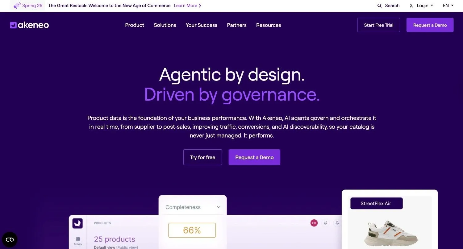 Akeneo homepage headline, agentic by design, above a product completeness screen