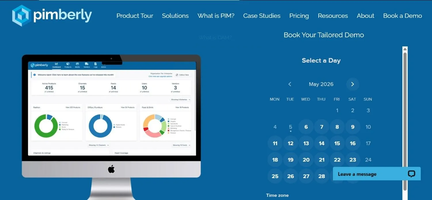 Pimberly demo booking page with a dashboard on a desktop monitor and a calendar