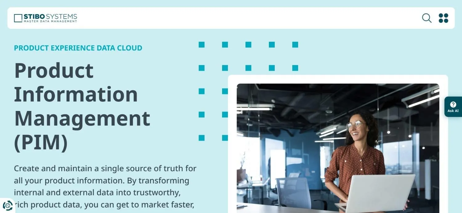 Stibo Systems PIM page with a photo of a woman holding a laptop in an office