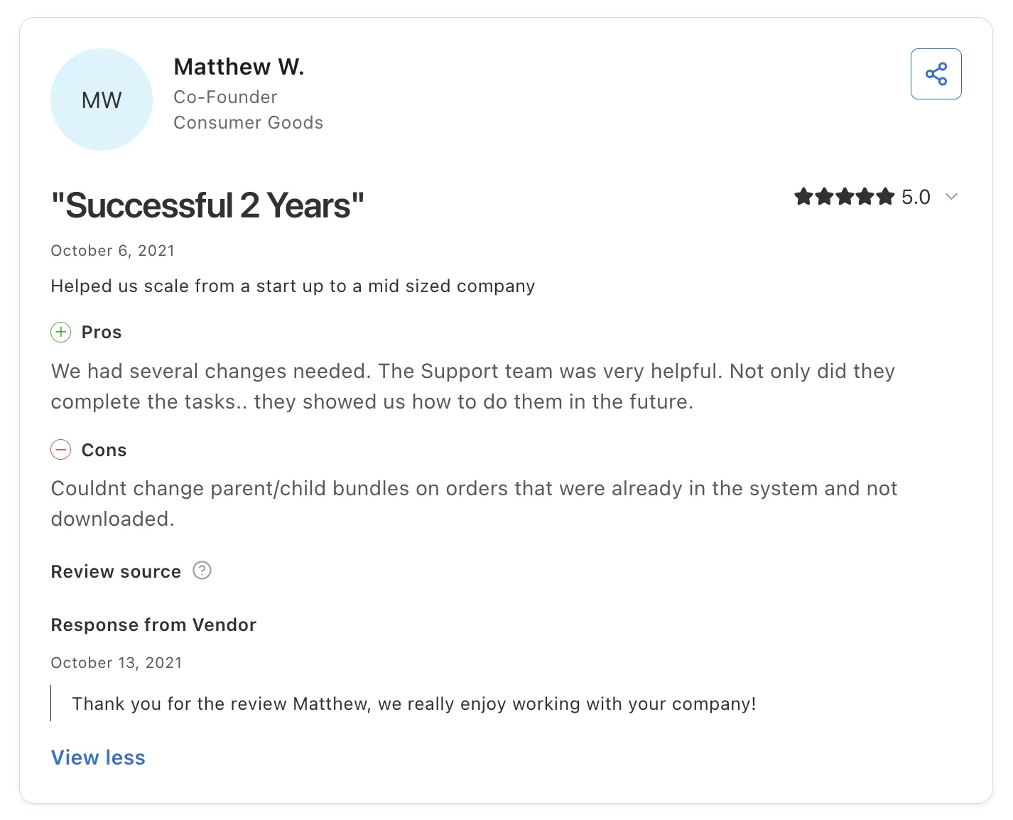 Five-star review of Duoplane by Matthew W., a Co-Founder, titled 'Successful 2 Years', praising a helpful support team, with a thank-you response from the vendor