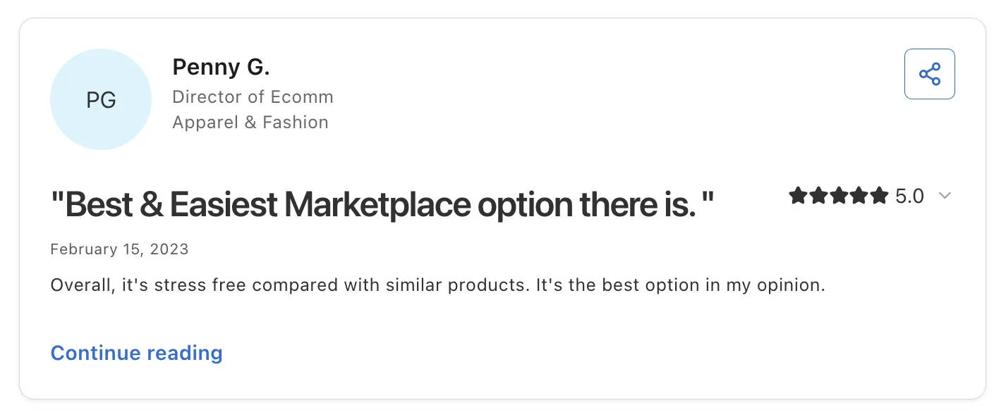Five-star review of Carro from Penny G., Director of Ecomm in Apparel and Fashion, titled 'Best & Easiest Marketplace option there is.'