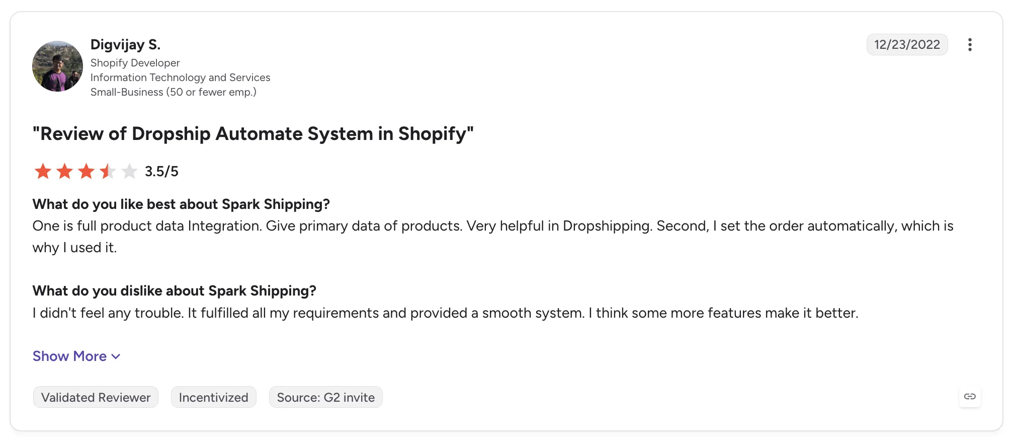 3.5-star G2 review of Spark Shipping by Digvijay S., a Shopify developer, titled 'Review of Dropship Automate System in Shopify', praising product data integration and automatic orders