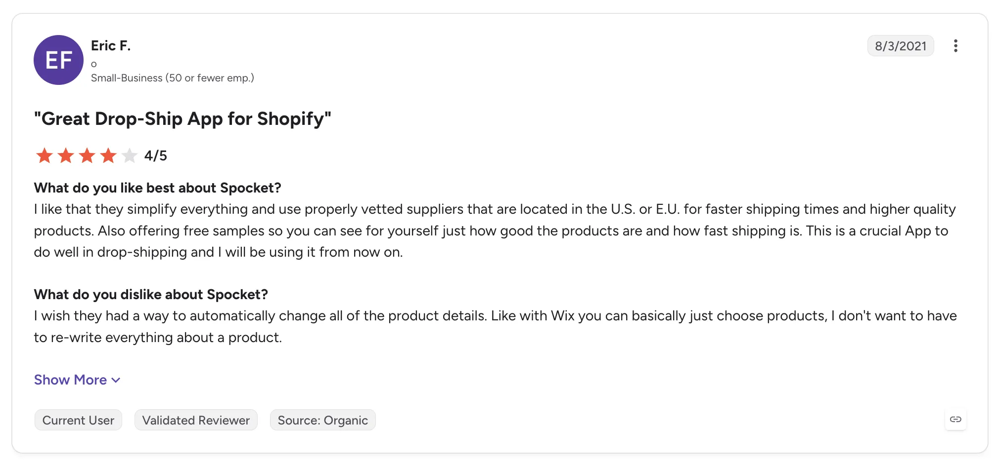 Four-star review of Spocket by Eric F. titled 'Great Drop-Ship App for Shopify', praising vetted US and EU suppliers and free samples