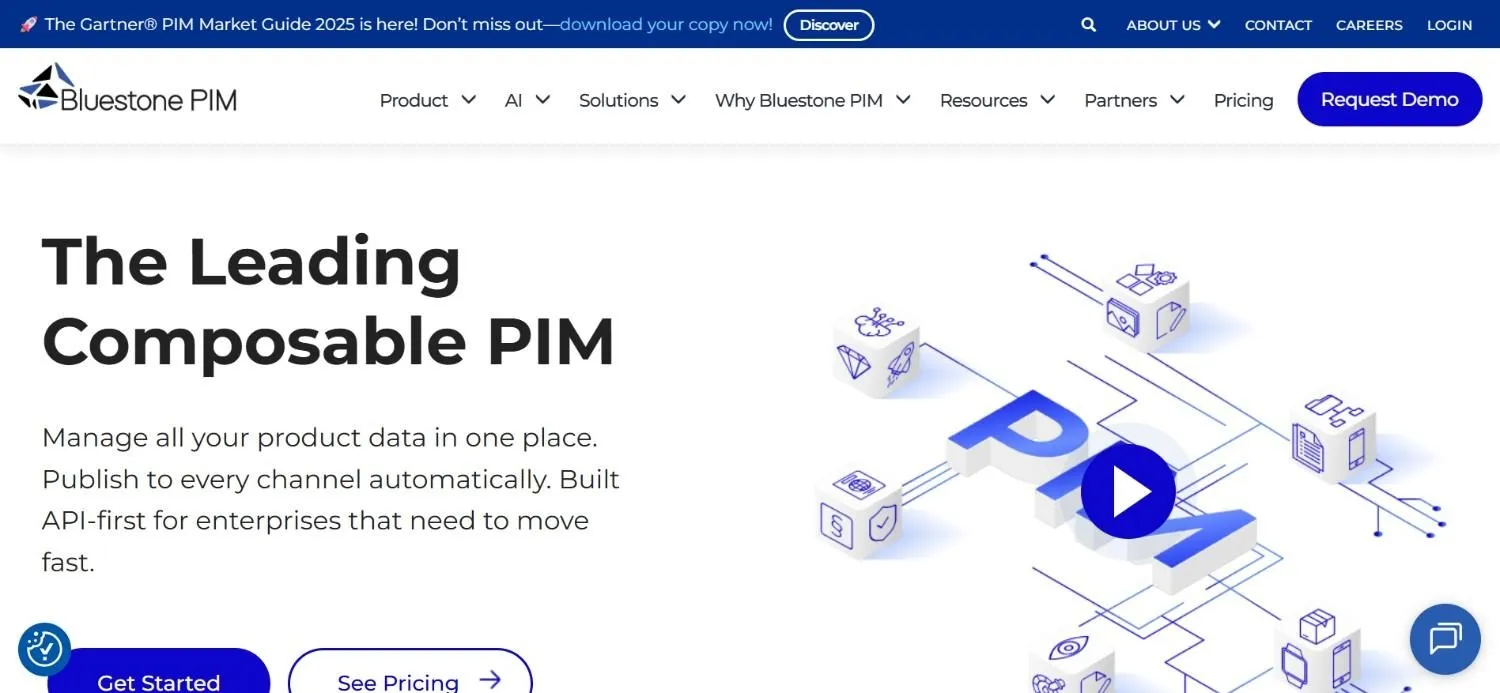 Bluestone PIM homepage headline, the leading composable PIM, with Get Started and See Pricing buttons