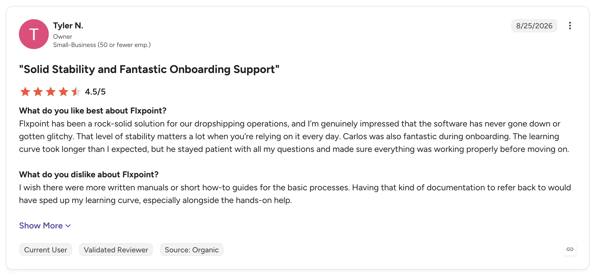 Customer review of Flxpoint titled 'Solid Stability and Fantastic Onboarding Support', rated 4.5/5, praising reliable uptime and patient onboarding help