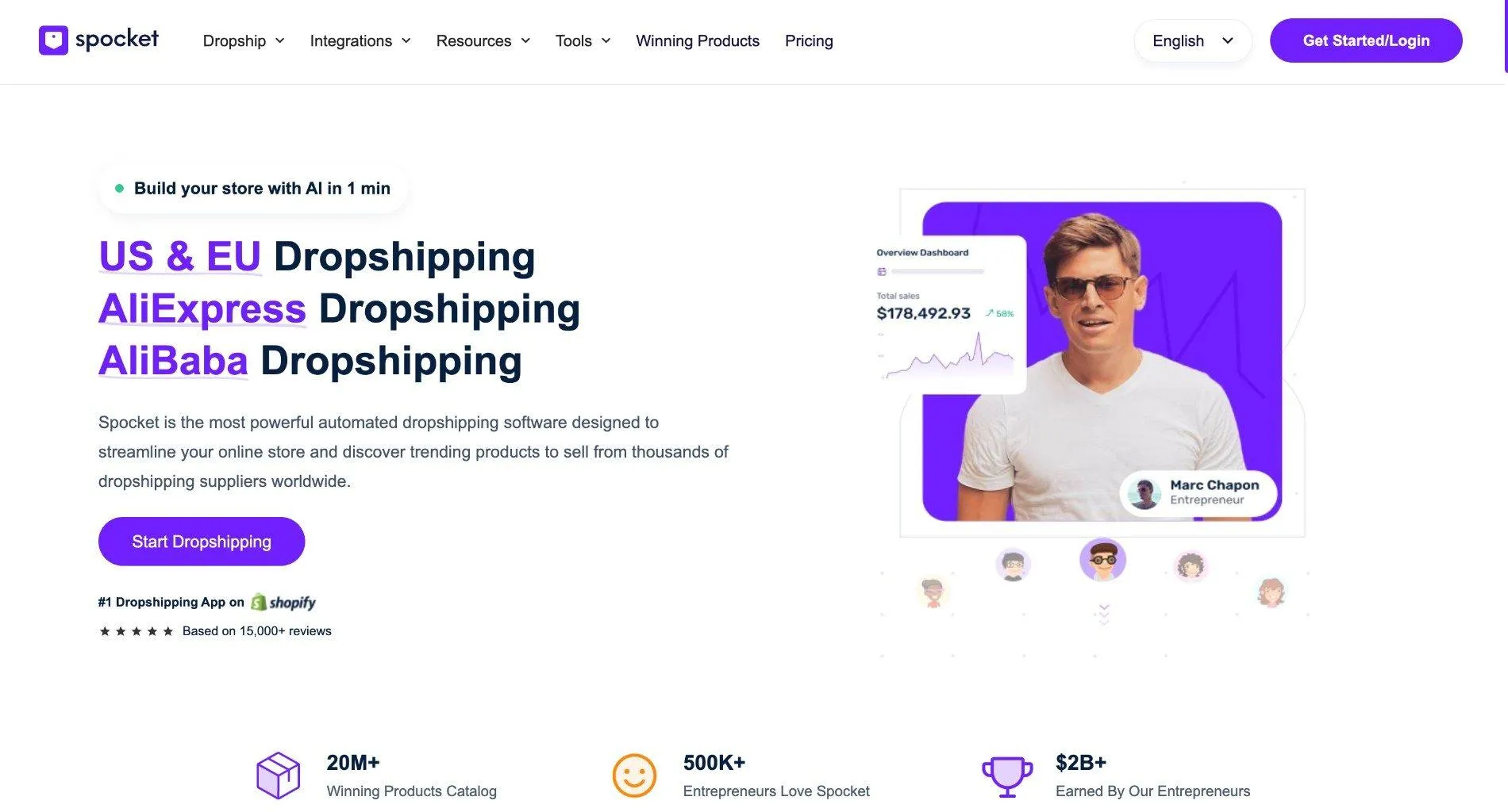 Spocket homepage with the headline 'US & EU Dropshipping, AliExpress Dropshipping, AliBaba Dropshipping', a Start Dropshipping button, and stats such as a 20M+ product catalog