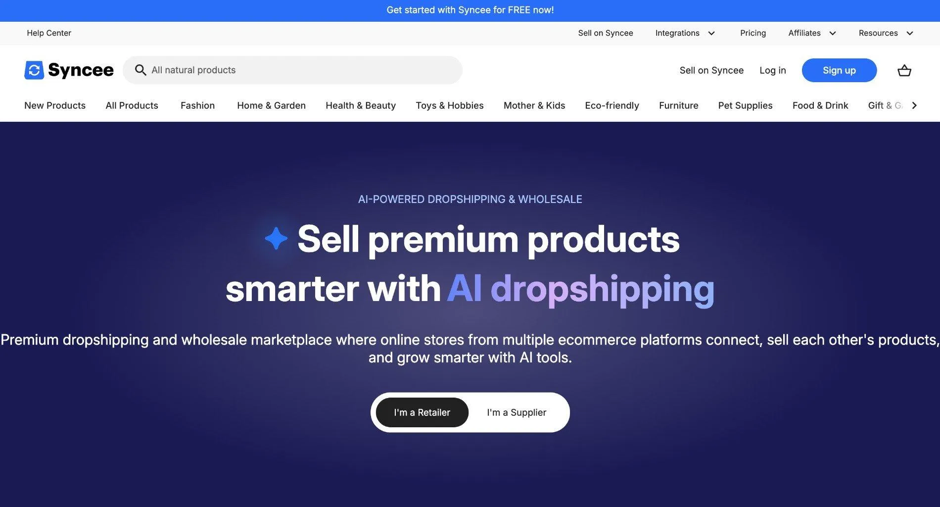 Syncee homepage with the headline 'Sell premium products smarter with AI dropshipping', product category navigation, and I'm a Retailer and I'm a Supplier buttons