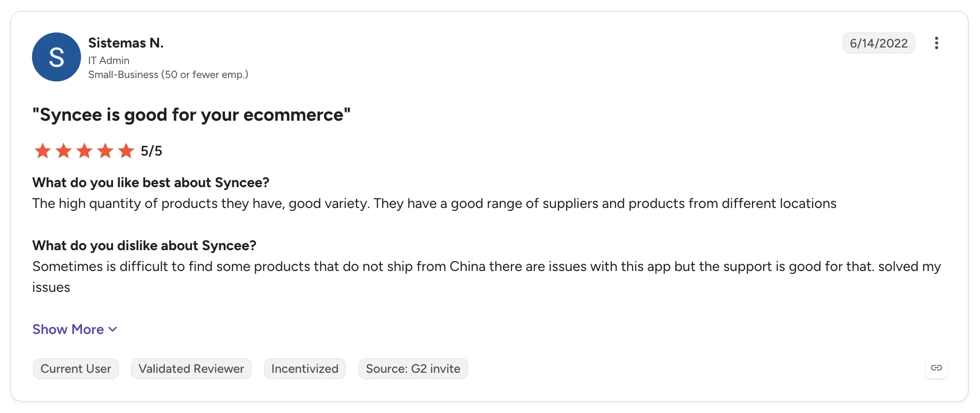 Customer review of Syncee on G2 titled 'Syncee is good for your ecommerce', rated 5/5, praising its wide range of products and suppliers