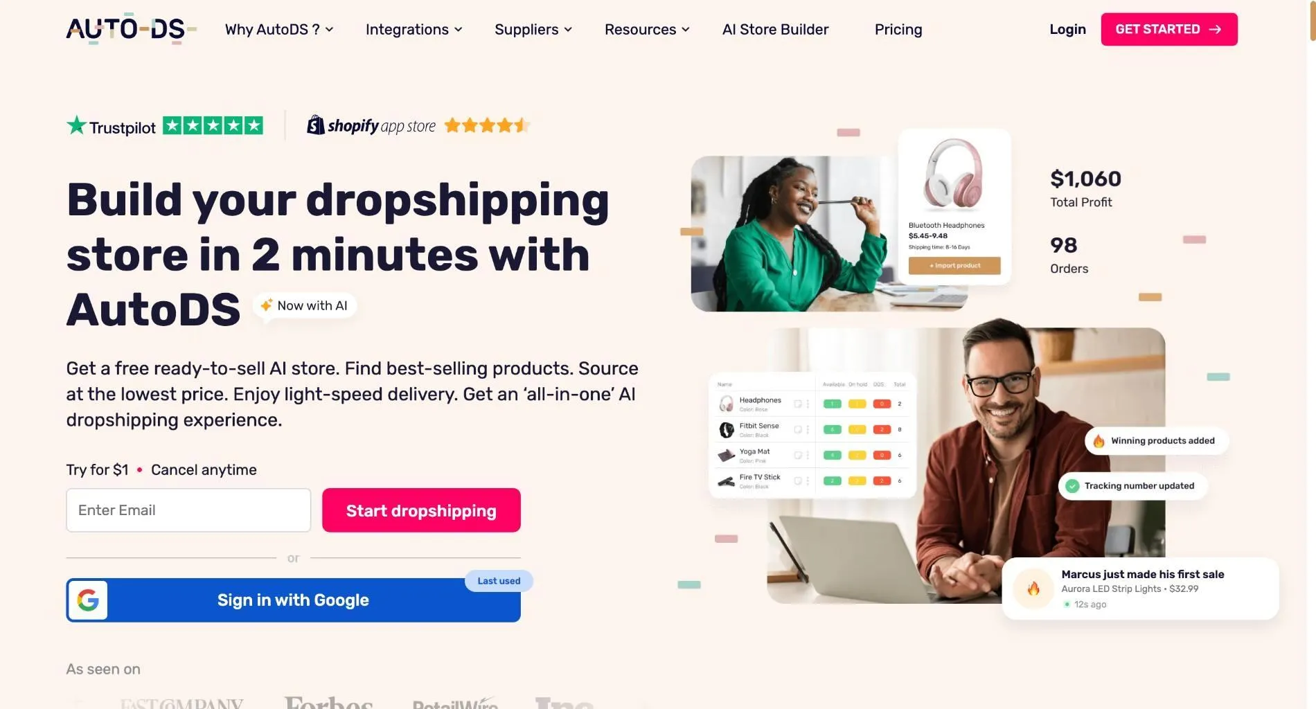 AutoDS homepage with the headline 'Build your dropshipping store in 2 minutes with AutoDS', Trustpilot and Shopify App Store ratings, and an email signup.