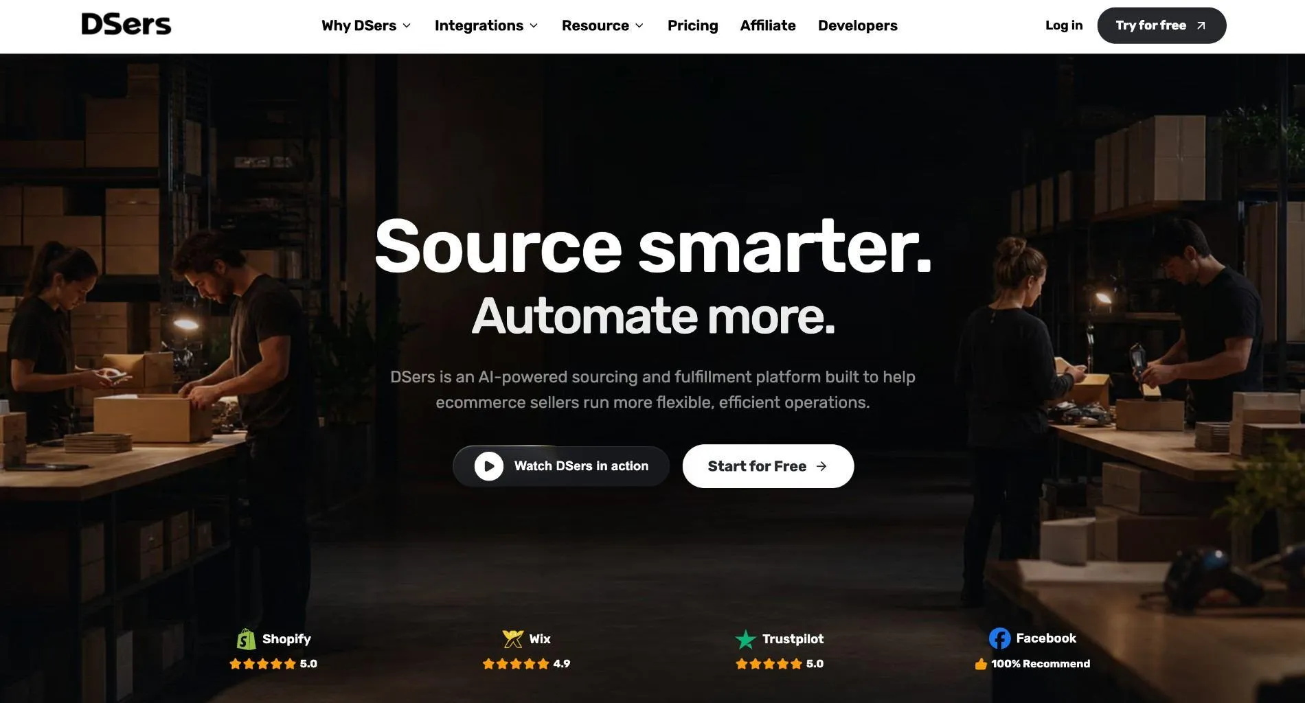 DSers homepage with the headline 'Source smarter. Automate more.' over a warehouse photo, Watch DSers in action and Start for Free buttons, and platform ratings