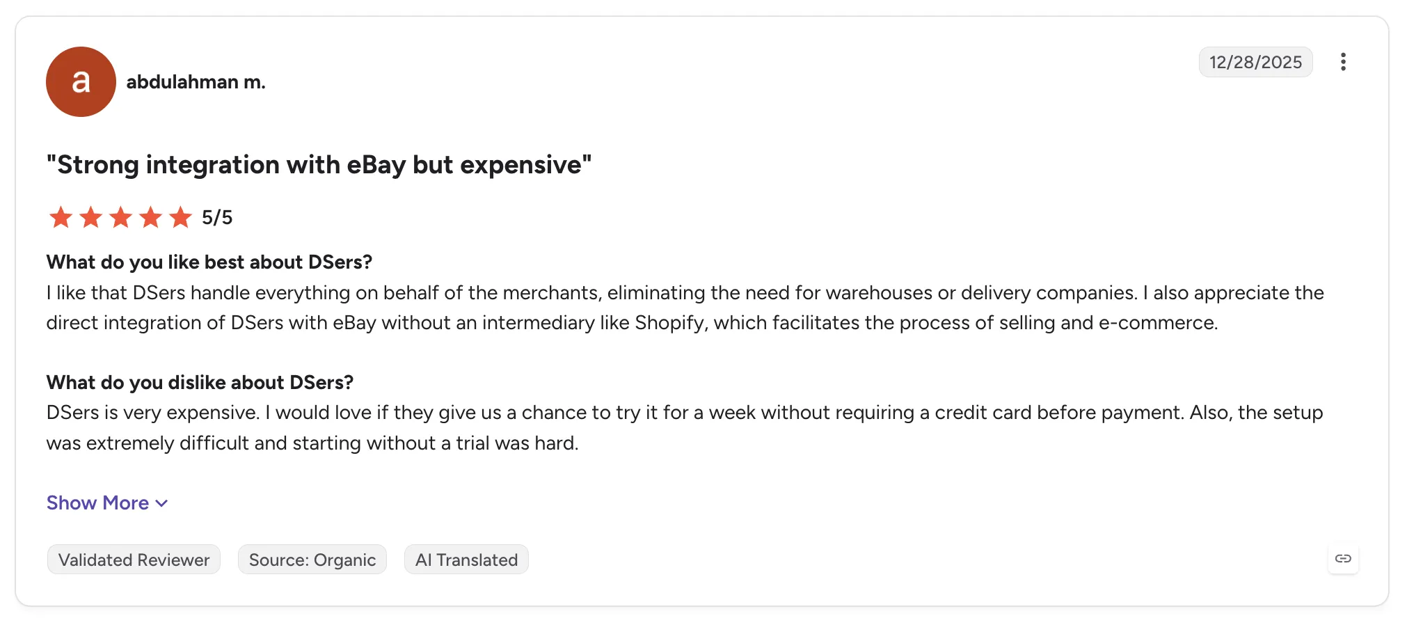 Customer review of DSers titled 'Strong integration with eBay but expensive', rated 5/5, praising direct eBay integration but noting high cost and hard setup