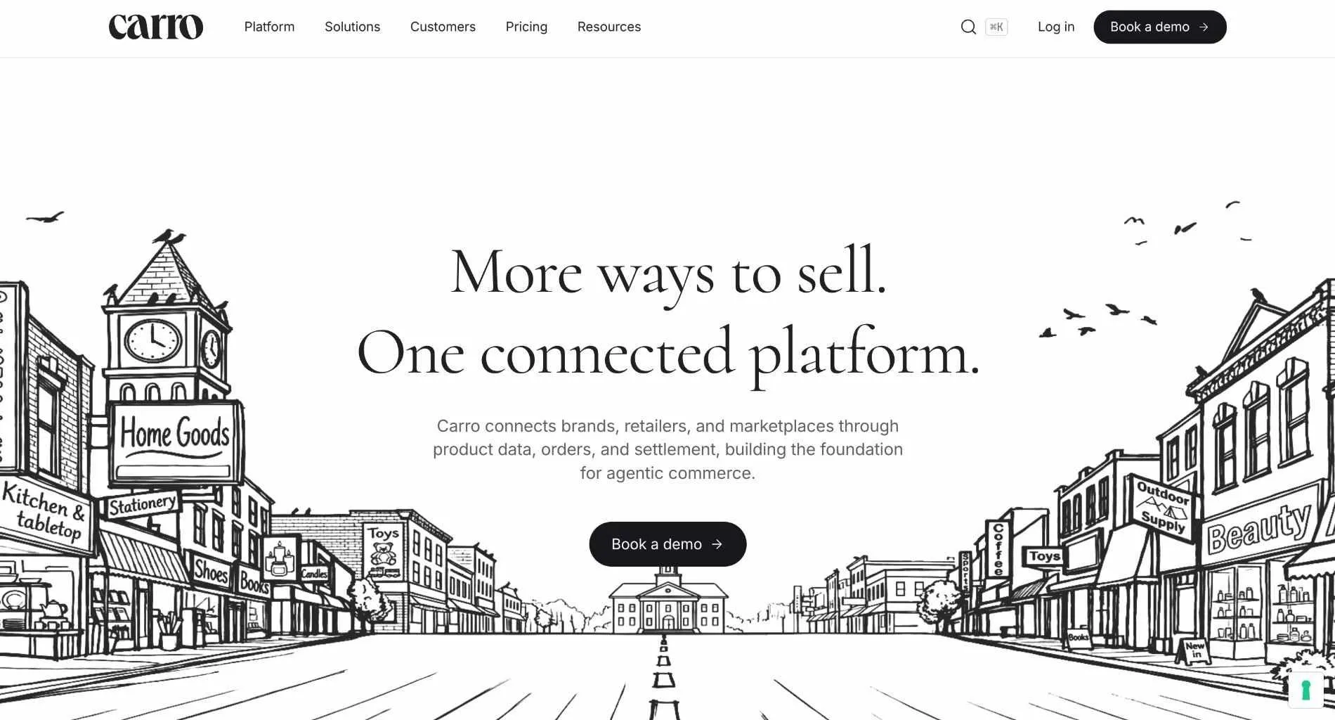 Carro homepage with the headline 'More ways to sell. One connected platform.', a sketched main street of shops, and a Book a demo button