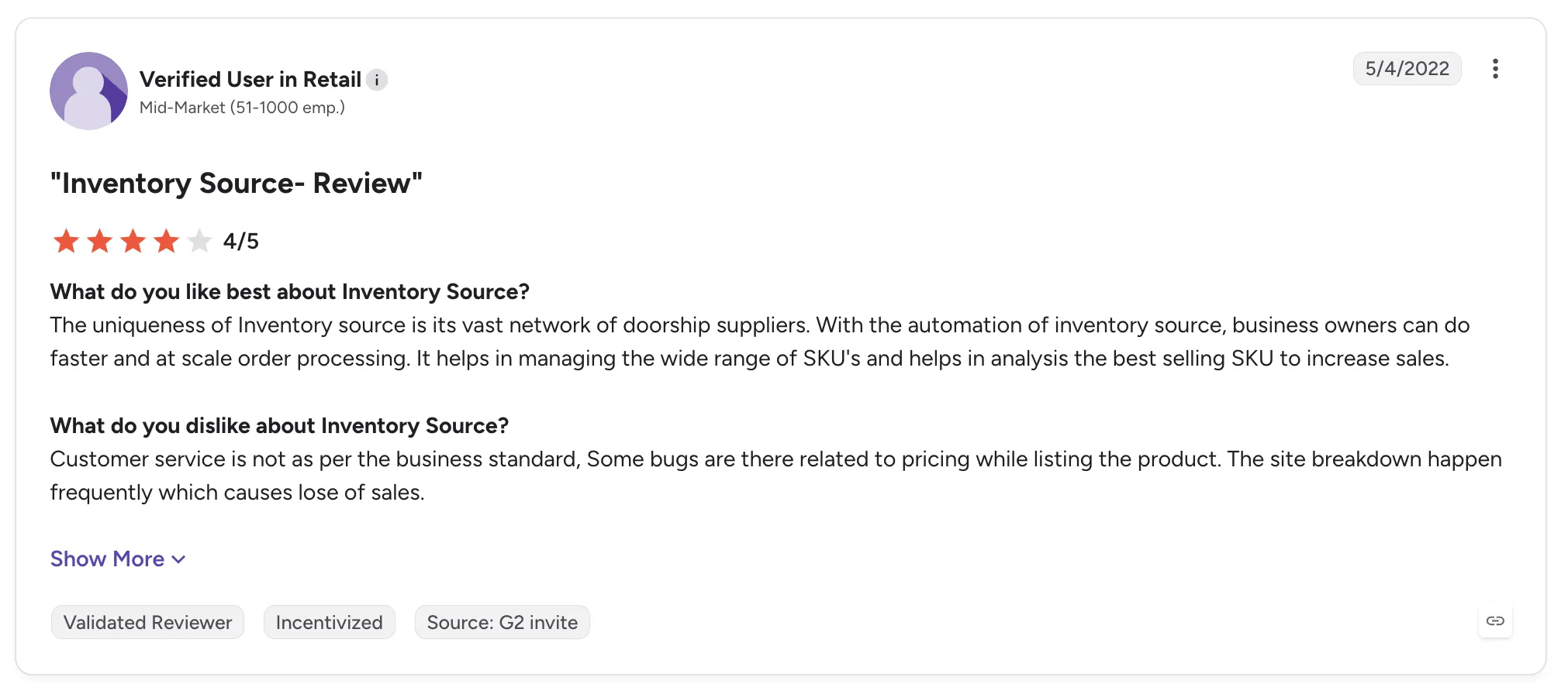 Customer review of Inventory Source on G2 titled 'Inventory Source- Review', rated 4/5, praising its large supplier network but noting bugs and support issues