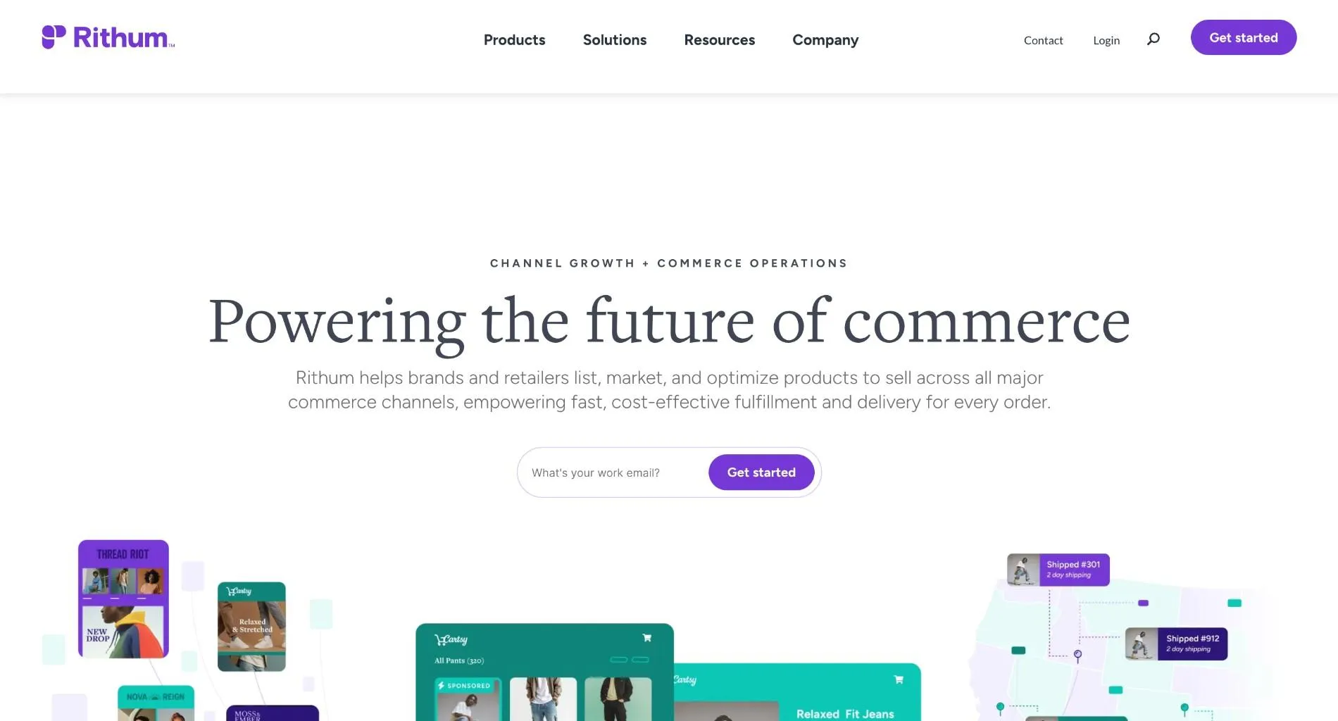 Rithum homepage with the headline 'Powering the future of commerce', a work email field with a Get started button, and storefront illustrations