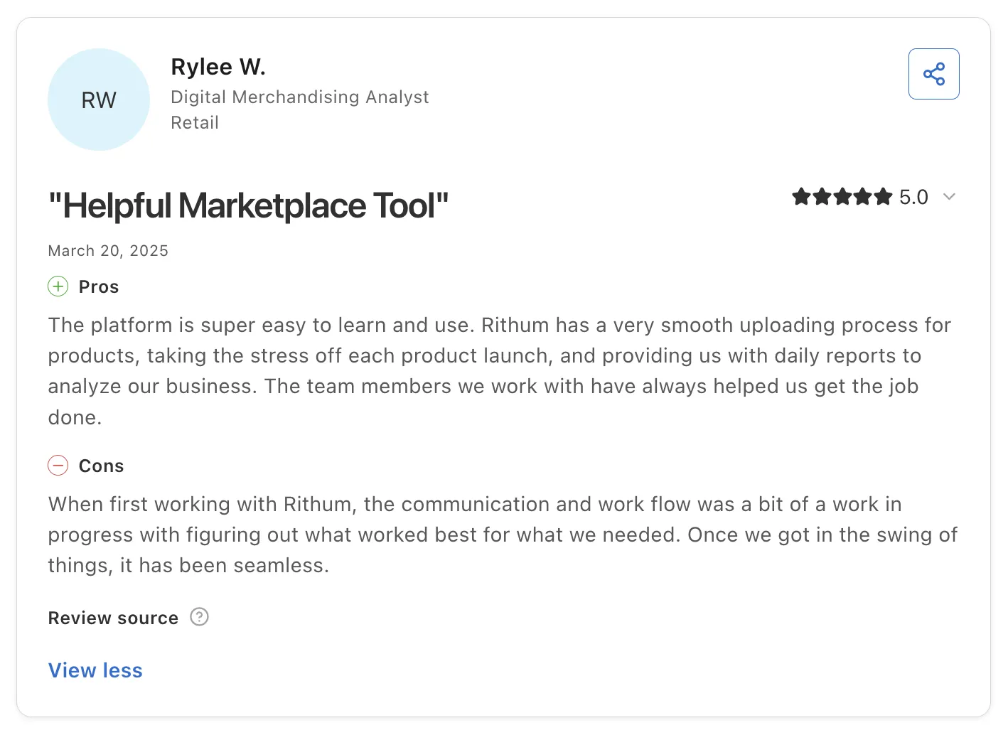 Customer review of Rithum titled 'Helpful Marketplace Tool', rated 5.0, praising easy learning, smooth product uploads, daily reports, and a helpful team