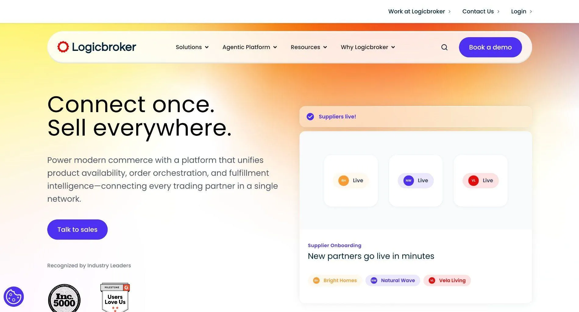 Logicbroker homepage with the headline 'Connect once. Sell everywhere.', a Talk to sales button, and a supplier onboarding card showing new partners going live