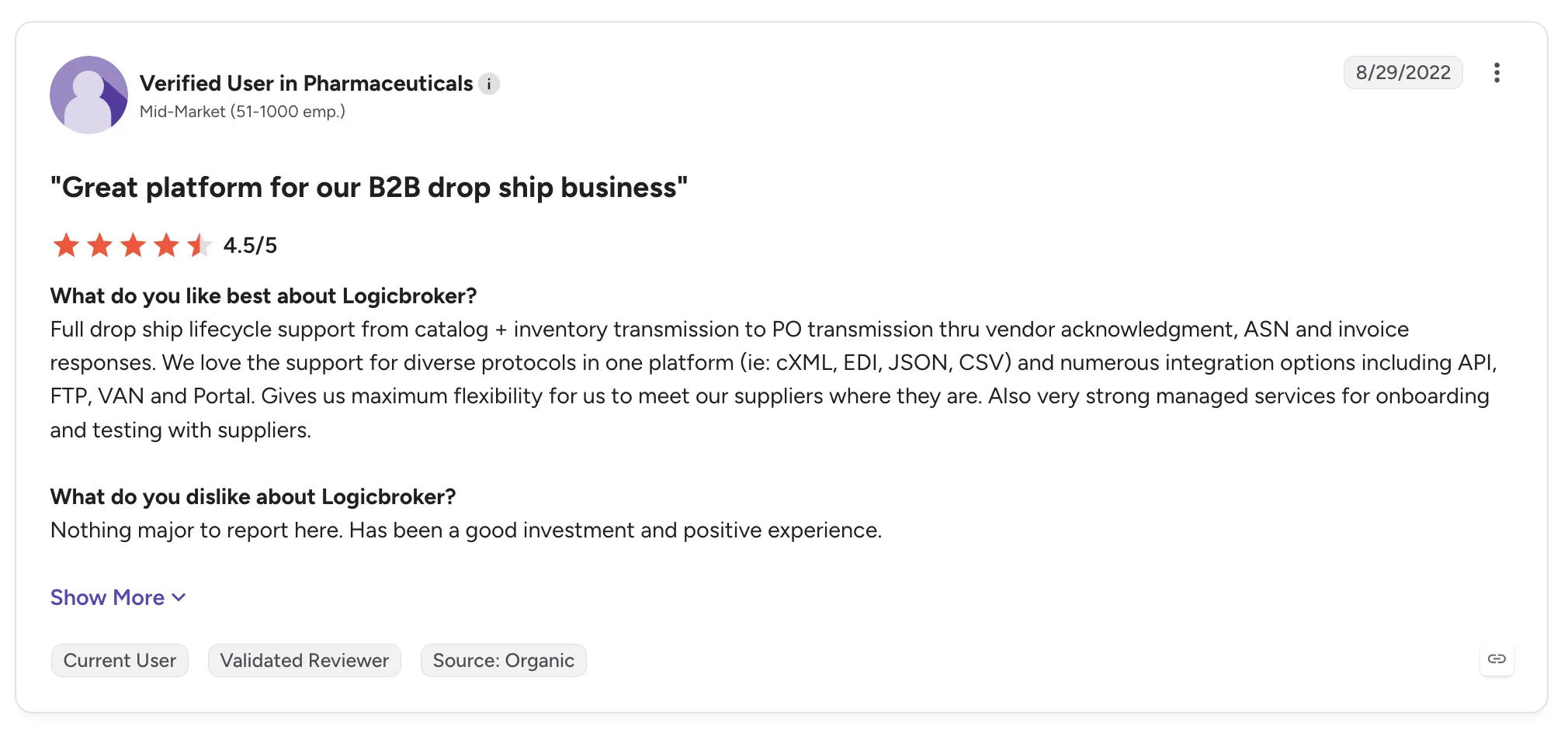Customer review of Logicbroker titled 'Great platform for our B2B drop ship business', rated 4.5/5, praising full drop ship lifecycle and multi-protocol support