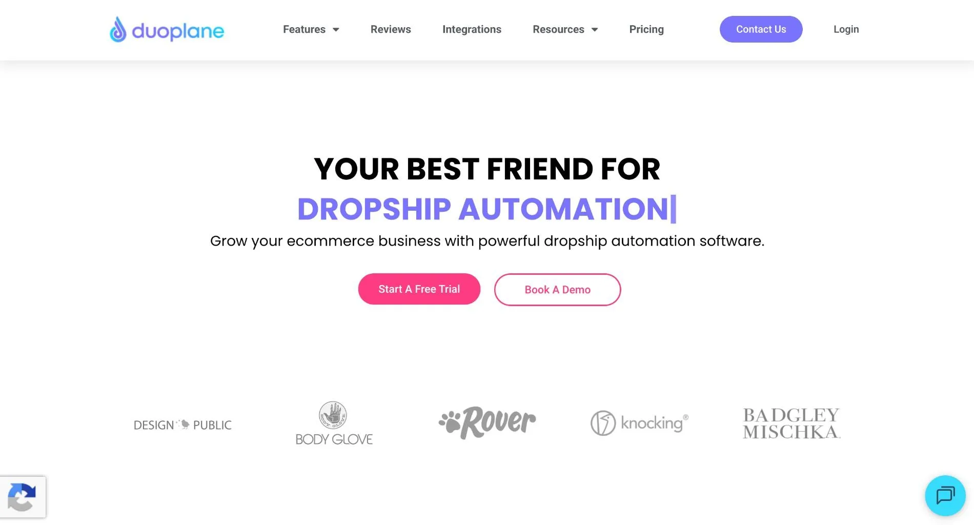 Duoplane homepage with the headline 'Your best friend for dropship automation', Start A Free Trial and Book A Demo buttons, and customer logos including Body Glove and Rover