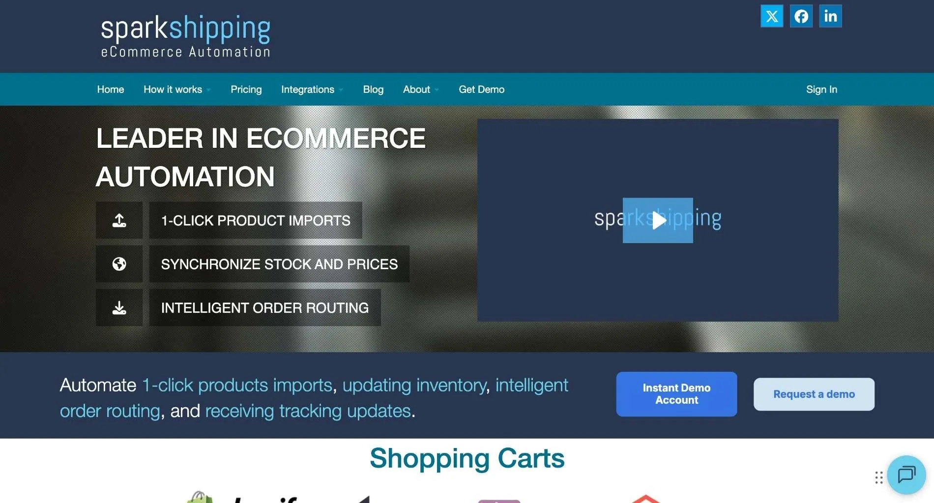 Spark Shipping homepage with the headline 'Leader in ecommerce automation', listing 1-click product imports, stock and price sync, and intelligent order routing, beside a video player
