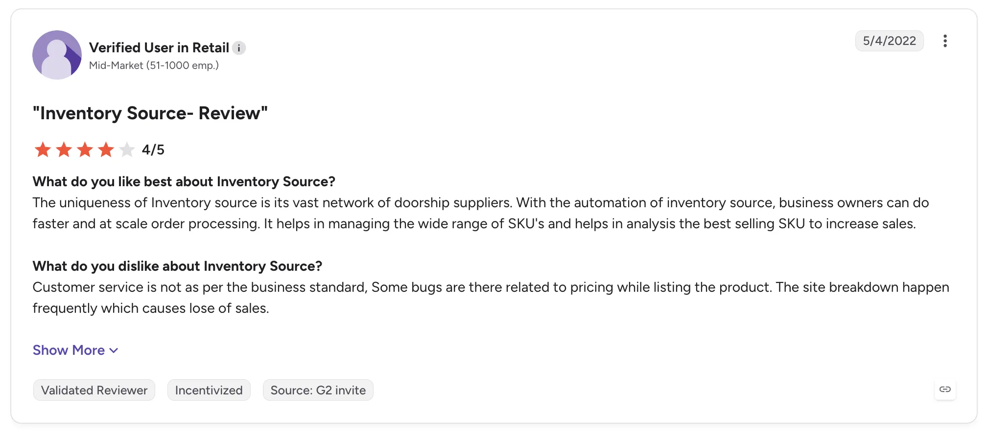 Customer review of Inventory Source on G2 rated 4/5, praising its large supplier network and automation but noting customer service issues and pricing bugs