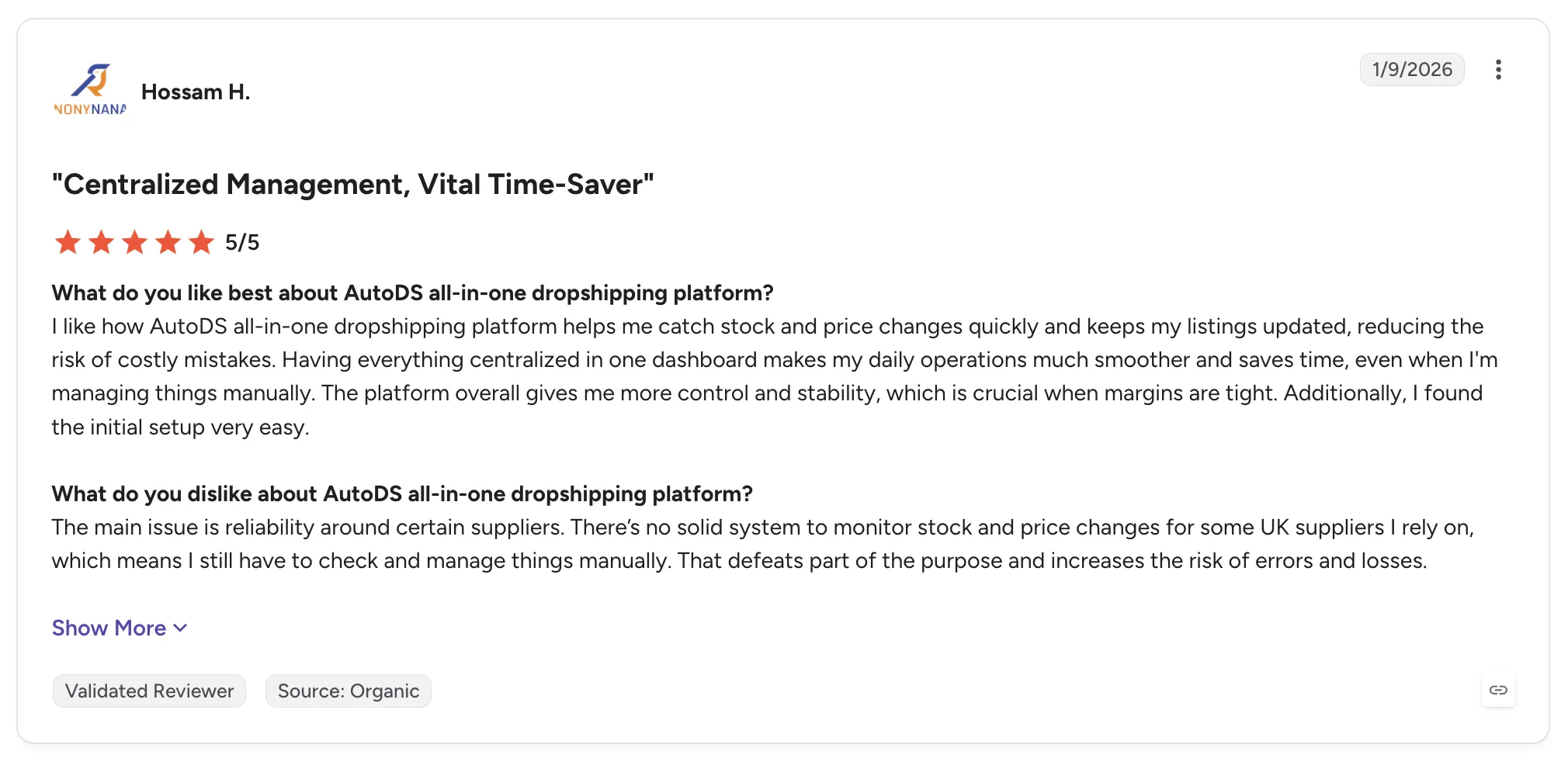 Customer review of AutoDS rated 5/5, titled 'Centralized Management, Vital Time-Saver', praising stock and price monitoring but noting gaps for some UK suppliers