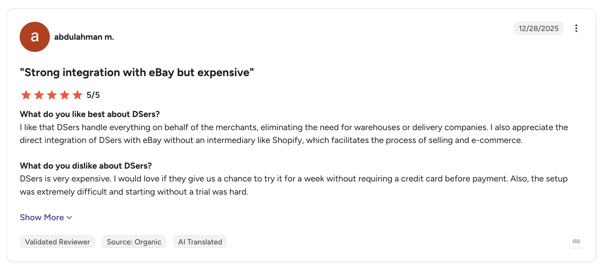 Customer review of DSers rated 5/5, titled 'Strong integration with eBay but expensive', praising direct eBay integration but citing high cost and difficult setup