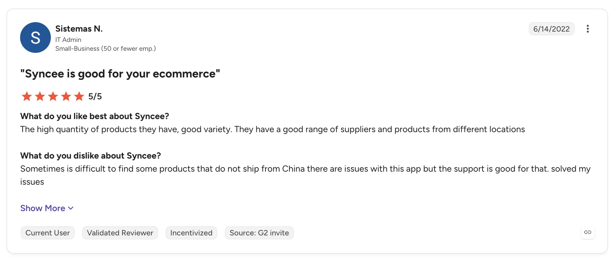 Customer review of Syncee on G2 rated 5/5, titled 'Syncee is good for your ecommerce', praising product variety and suppliers from different locations