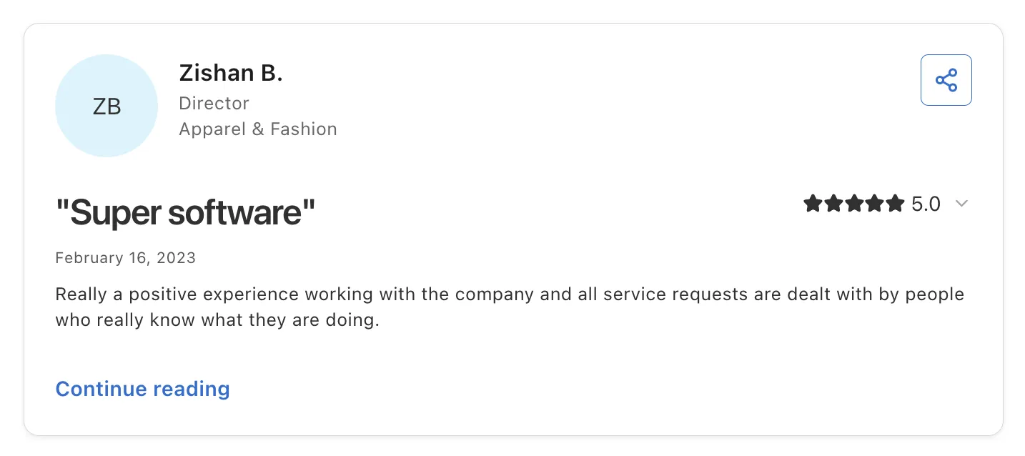 Customer review from Zishan B., a Director in Apparel and Fashion, titled 'Super software' with a 5.0 rating, praising a knowledgeable service team