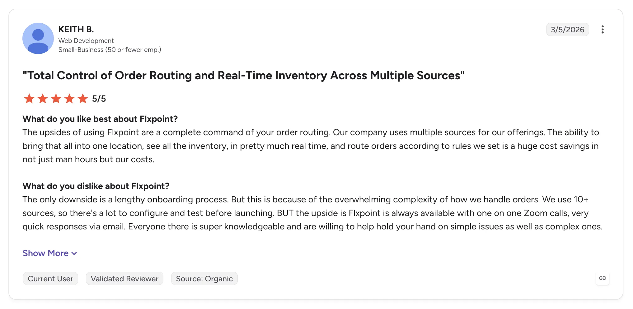 Customer review of Flxpoint rated 5/5, titled 'Total Control of Order Routing and Real-Time Inventory Across Multiple Sources', noting a lengthy onboarding but helpful support